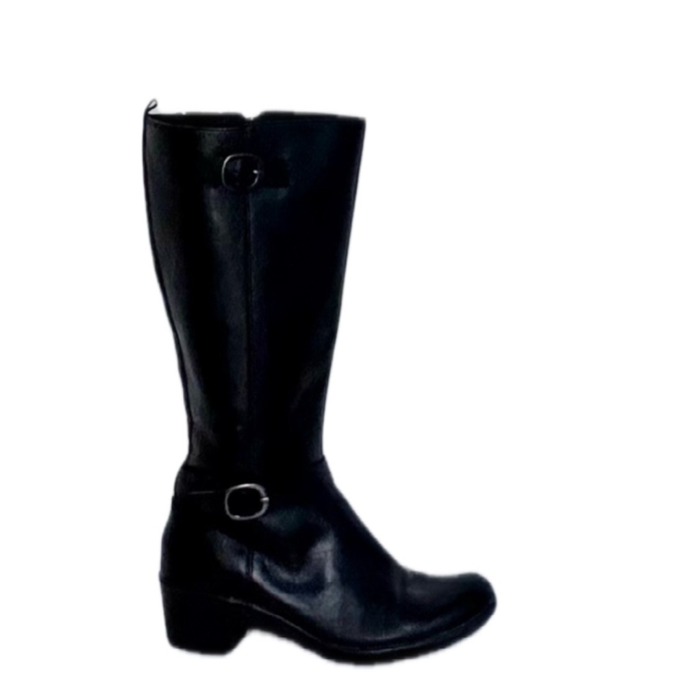 Clarks Black Leather Mid Calf Boots Women’s 6.5 Buckle Detail Comfort Heel